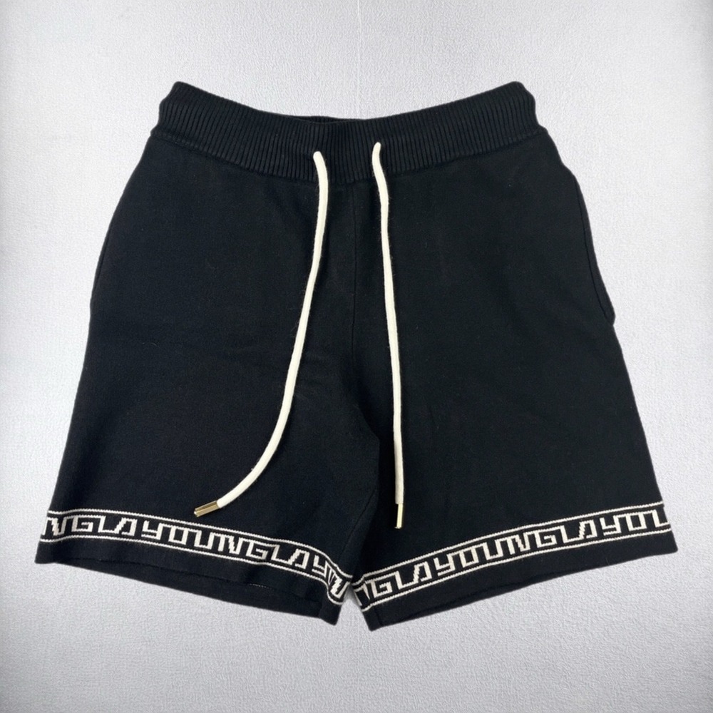 YoungLA Shorts Mens Medium Black Terry Cloth Knit Greek Key Logo Drawstring Gym